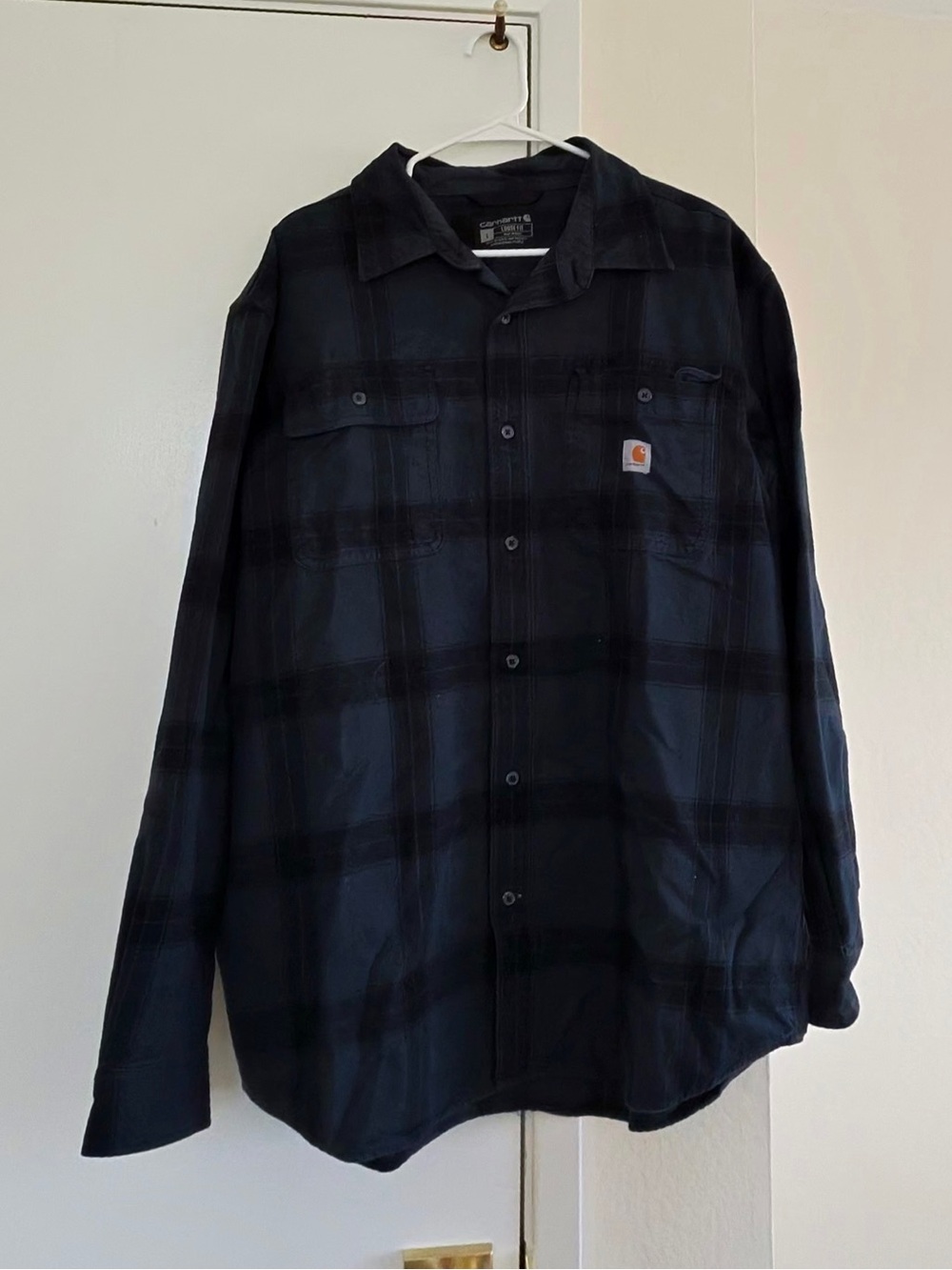 Carhartt Men's Black and Dark Blue Plaid Button-Down Shirt